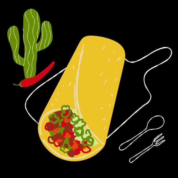 Vector burrito de ilustración de comida mexicana sobre fondo negro con cactus