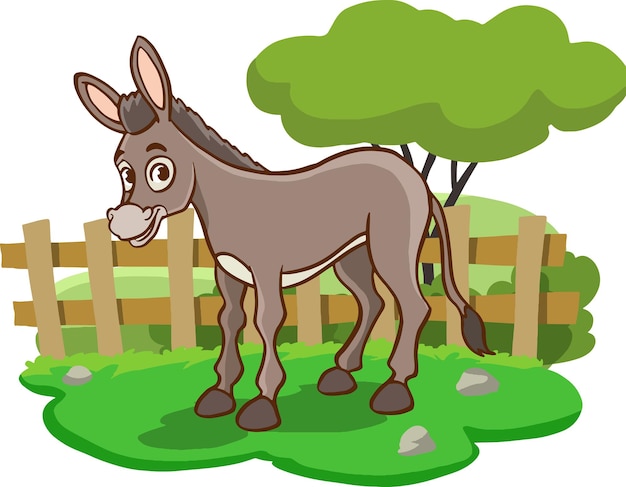 El burro de dibujos animados está parado en un claro. fondo de vector con un animal de granja