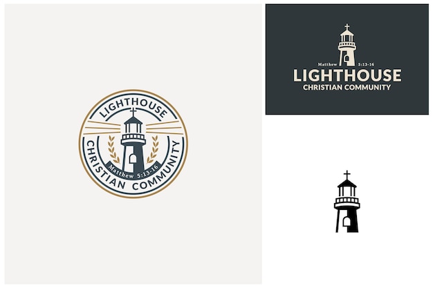 Busca Light Beacon Lighthouse Tower Edificio con Cruz Cristiana para el diseño del logotipo de la Comunidad de la Iglesia