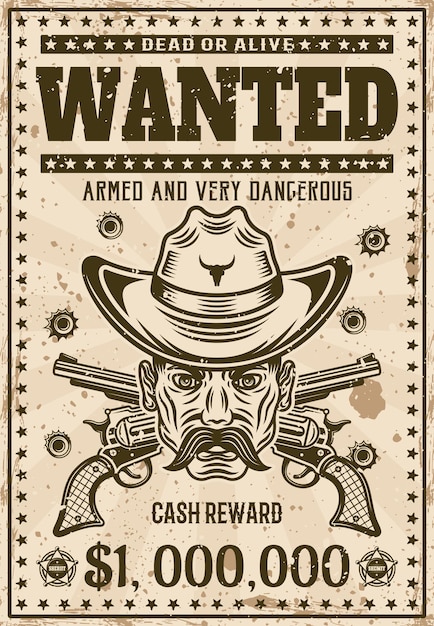 Vector se busca plantilla de cartel occidental vintage cabeza de vaquero con bigote en sombrero pistolas cruzadas agujeros de bala ilustración vectorial para fiesta temática o evento textura y texto grunge separados en capas