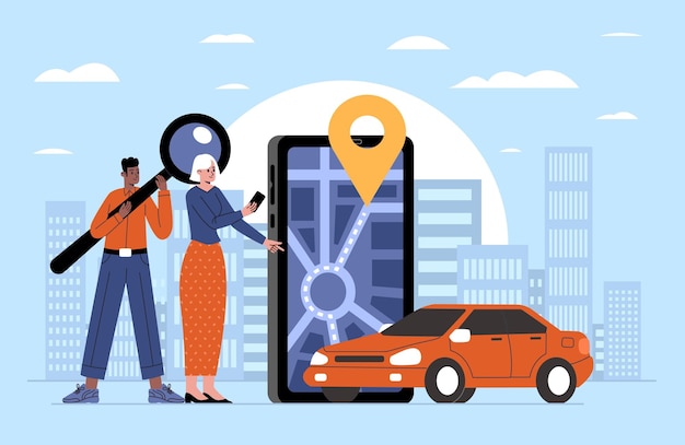 Busca de rutas en mapas de teléfonos inteligentes Servicio de compartición de automóviles Personas que buscan automóviles gratuitos a través de una aplicación móvil Selección automática adecuada Aplicación telefónica Navegación de mapas de carreteras Concepto vectorial