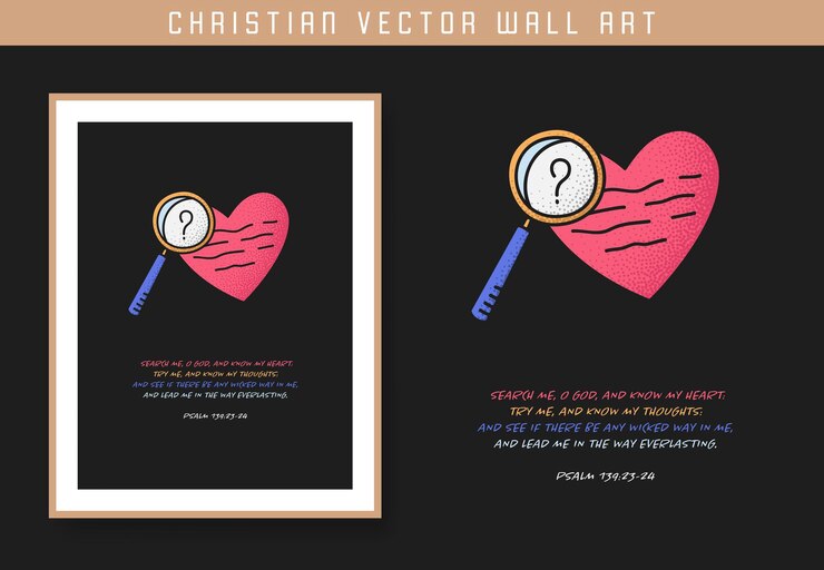 Vector buscame, oh dios, y conoce mi corazón escritura cristiana cartel de motivación y arte inspirador de pared cita cristiana de versos bíblicos para la inspiración ilustración vectorial
