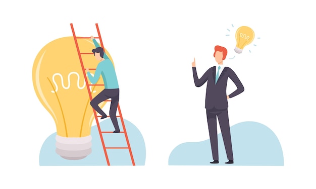 Buscando ideas creativas con un hombre de negocios con un enorme conjunto vectorial de bombillas