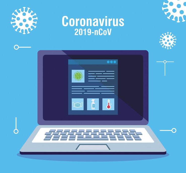 Vector buscando información de covid 19 en línea en diseño de ilustración vectorial de computadora portátil