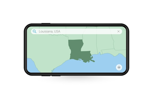 Buscando el mapa de Luisiana en la aplicación de mapas para teléfonos inteligentes Mapa de Luisiana en el teléfono celular
