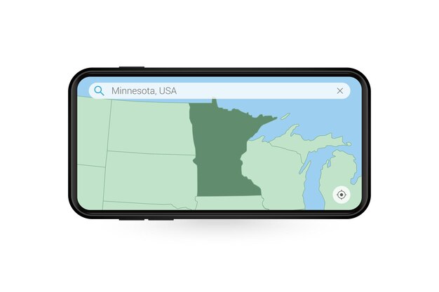 Buscando el mapa de Minnesota en la aplicación de mapas para teléfonos inteligentes Mapa de Minnesota en el teléfono celular
