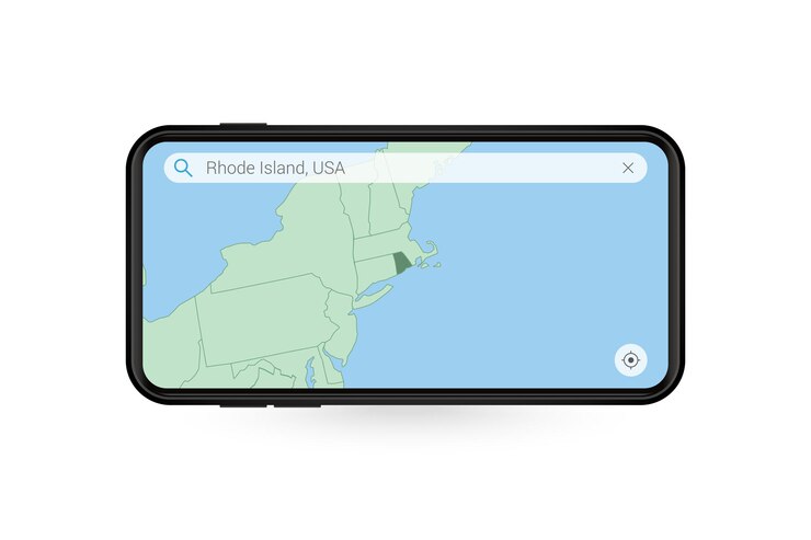 Vector buscando el mapa de rhode island en la aplicación de mapas de teléfonos inteligentes. mapa de rhode island en teléfono celular.