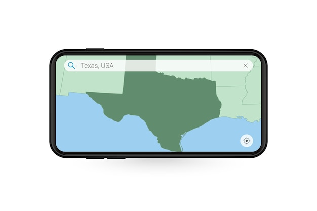 Buscando el mapa de texas en la aplicación de mapas de smartphone. mapa de texas en celular.