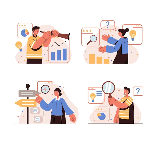 Buscando oportunidades personas concepto conjunto de escenas aisladas. Hombres y mujeres eligen vacantes, reclutadores o gerentes de recursos humanos mirando currículums. Crecimiento profesional exitoso. Ilustración vectorial en diseño plano