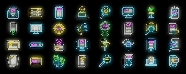 Buscando trabajo conjunto de iconos de neón vectorial