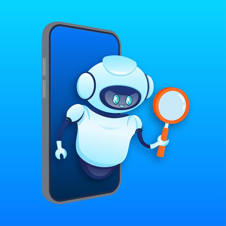 Vector buscar bot en estilo de dibujos animados inteligencia artificial vector isométrico ilustración vectorial