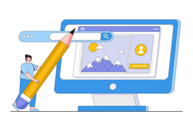 Buscar concepto de idea de diseño creativo Mujer diseñadora haciendo interfaz de aplicación o sitio con lápiz Estilo de diseño de esquema ilustración vectorial mínima para imágenes de héroe de infografía de página de destino