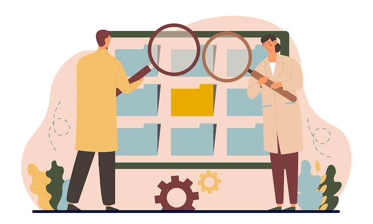 Vector buscar documento o archivo hombre y mujer con lentes de aumento buscando información en la computadora