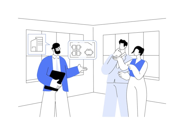 Buscar ilustraciones vectoriales de dibujos animados aislados de la oficina Socios de negocios visitando una nueva oficina lugar de trabajo corporativo espacio de coworking buscar dibujos ilustrados vectoriales modernos de salas de conferencias