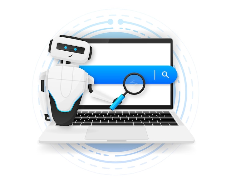 Vector buscar información concepto en línea robot blanco mirando a través de la lupa ilustración vectorial