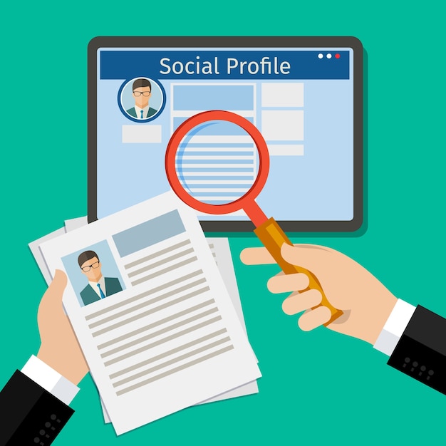 Buscar perfil social. Tableta con red social. Diseño plano