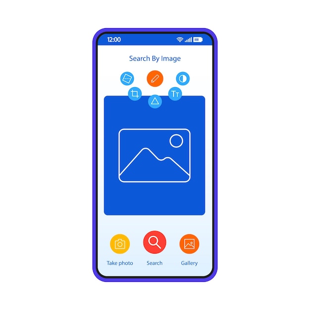 Buscar por plantilla de vector de interfaz de teléfono inteligente de imagen. diseño de diseño en blanco de la página de la aplicación móvil. edición de fotos en línea. filtros, pantalla de aplicación de efectos. interfaz de usuario plana para la aplicación. editor de imágenes. pantalla del teléfono