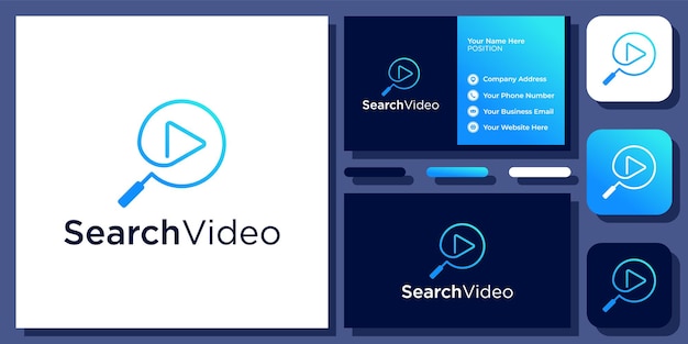 Buscar video lupa botón de reproducción buscar película sitio web diseño de logotipo vectorial con tarjeta de presentación