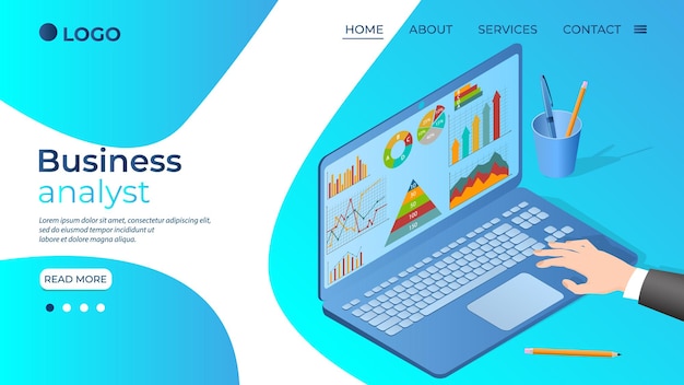 Business analysta empresario estudia datos en su computadora portátilel concepto de trabajo de oficina de trabajo remoto