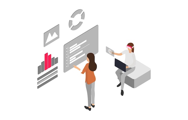 Business analytics dos niñas ilustración isométrica