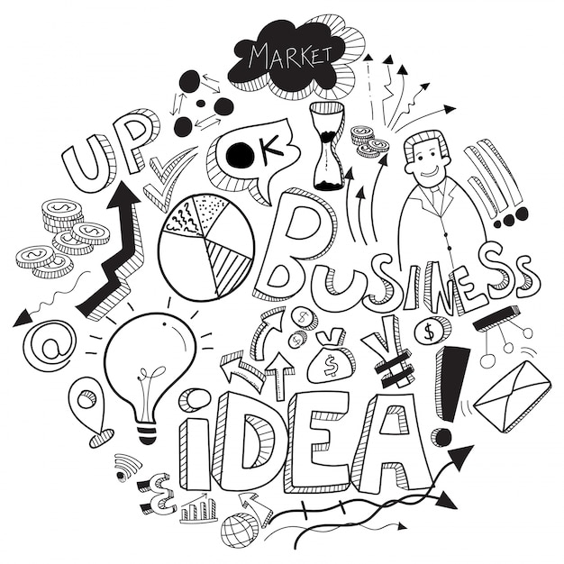 Vector business doodle, con signo de negocios en blanco y negro, símbolos e iconos.