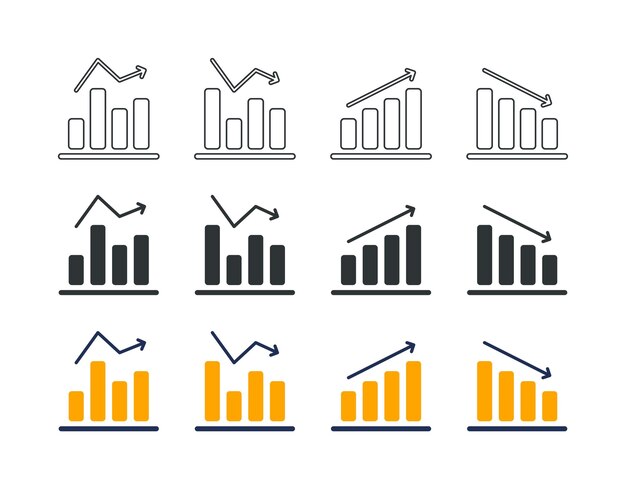Business Graph Up and Down Icons 3 styles colored outline solid
