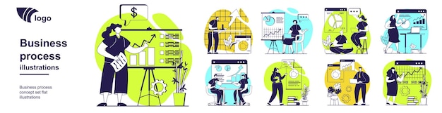 Business process concept set for web design Collection with people analyzing company data at charts and graphs creating success strategy collaborating in team brainstorming Vector illustration
