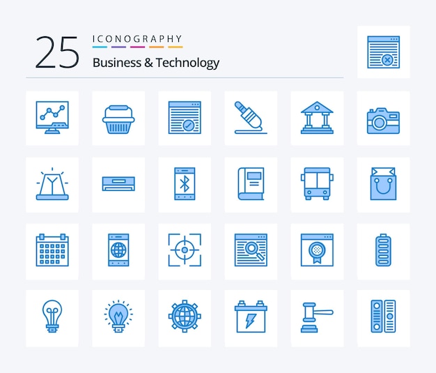 Business Technology 25 paquete de iconos de color azul que incluye el cable de audio del pin del navegador de tecnología de construcción