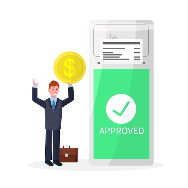 Businessman icon with payment terminal Businessman made payment Business relationship concept