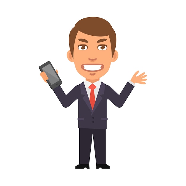 Businessman in suit holding smartphone and angry