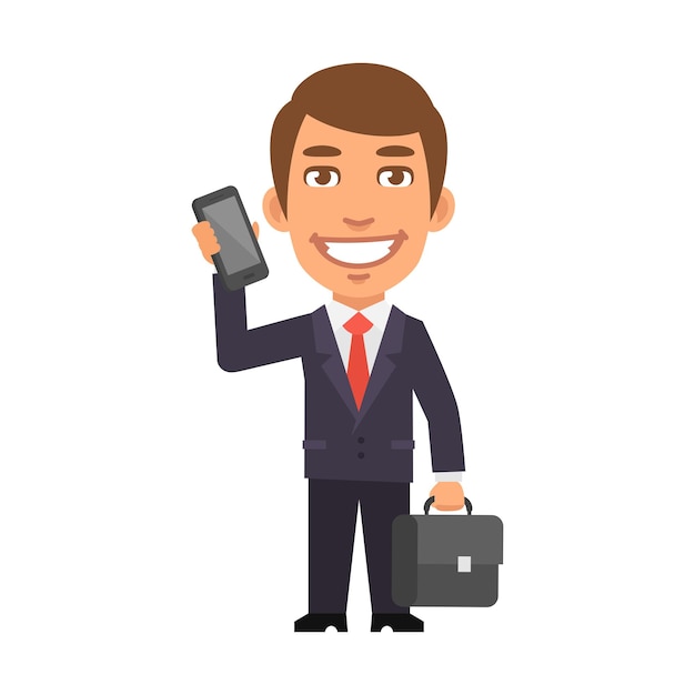 Businessman in suit holding smartphone suitcase and smiling