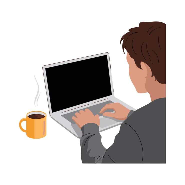 Vector businessman in a suit working on a laptop at an office desk holding a coffee cup