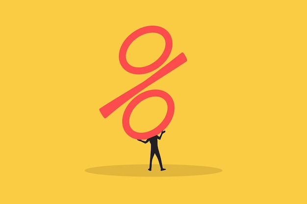 Businessman lifting up percentage sign concept of Inflation or interest rate falling down decrease profit fall in economic recession