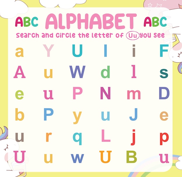 Vector busque y encierre en un círculo las letras mayúsculas y minúsculas en la hoja de trabajo. ejercicio para niños.