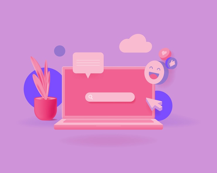 Vector búsqueda de barra web en la pantalla de la computadora portátil moderna. ilustración de vector de estilo lindo 3d con elementos lindos. copie el espacio. banners, plantilla de publicaciones en redes sociales