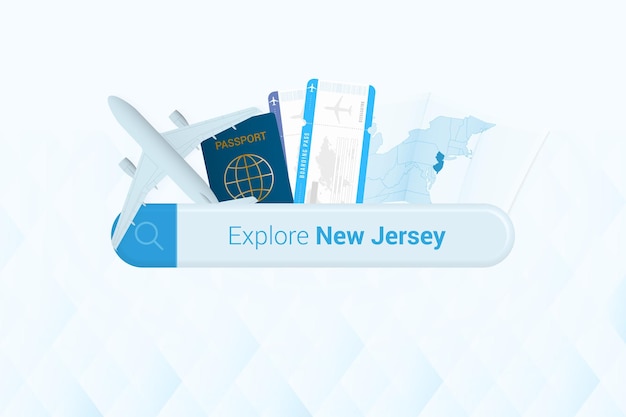 Búsqueda de boletos a Nueva Jersey o destino de viaje en Nueva Jersey Barra de búsqueda con pasaporte de avión, boletos de tarjeta de embarque y mapa