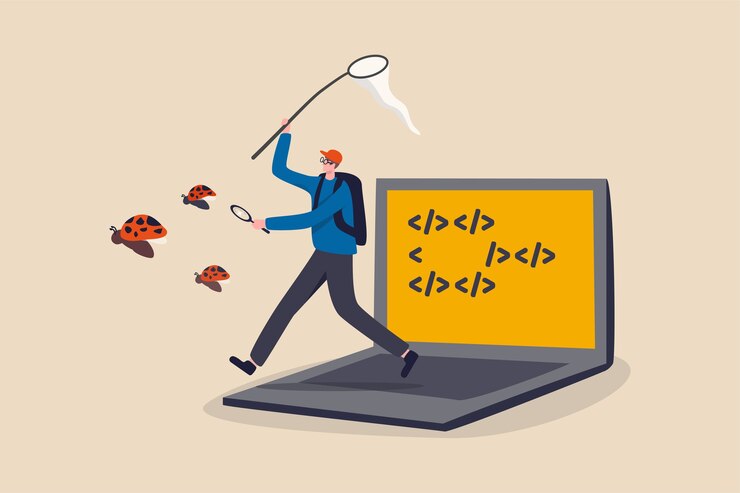 Vector búsqueda de depuración de programación para errores de software de aplicación y concepto de código de corrección