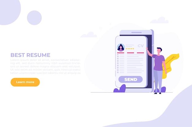 Búsqueda de empleo Enviar currículum en línea o cargar currículum solicitar puestos de trabajo Papel de datos de contratación de empleados Ilustración de vector plano de dibujos animados para página de aterrizaje del sitio web de banner
