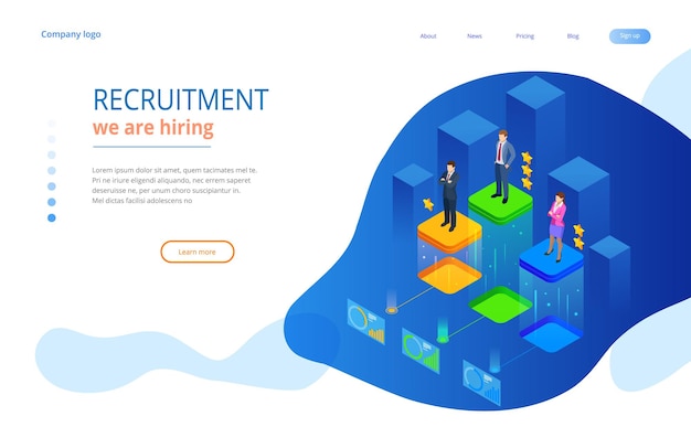 Búsqueda de empleo en línea isométrica y recursos humanos, concepto de contratación. Estamos contratando. Presentación para empleo e infografías para reclutamiento. Página de inicio del sitio web de plantilla.