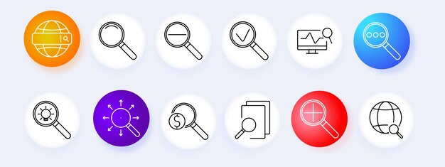 Búsqueda de icono de conjunto de lentes de ampliación Análisis de investigación de inspección de globo Información en línea Zoom Descubrimiento de detalles Internet Exploración de íconos gráficos vectoriales