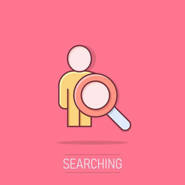 Búsqueda de icono de vacante de trabajo en estilo cómico Loupe carrera ilustración vectorial de dibujos animados en fondo aislado Encuentra personas empleador efecto salpicadura concepto de negocio