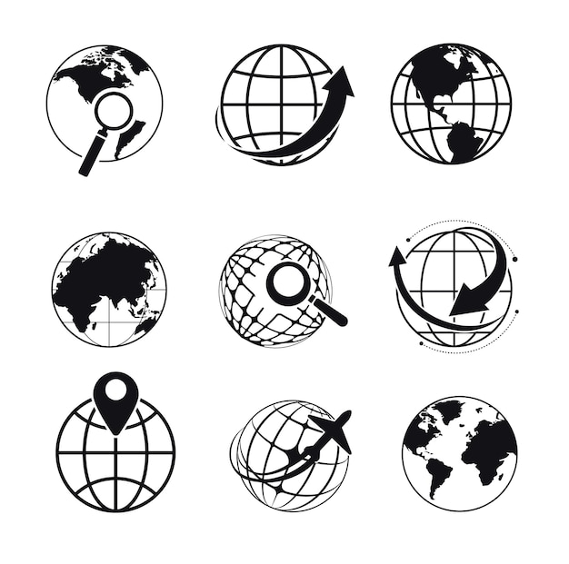 Búsqueda de iconos aislados del planeta o símbolo del navegador de internet de geolocalización