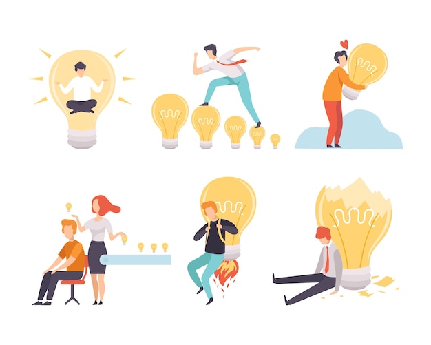 Búsqueda de ideas creativas con hombre de negocios con conjunto vectorial de bombillas