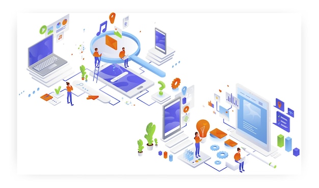 Búsqueda de información y creación de contenido de página web ilustración isométrica de vector plano