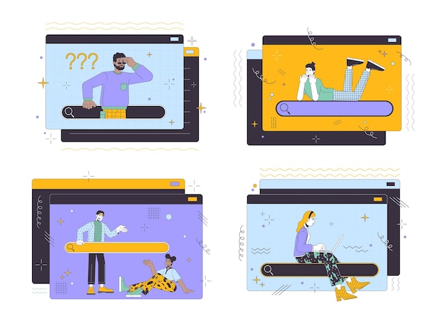 Búsqueda de información en línea Conjunto de conceptos de ilustración lineal 2D