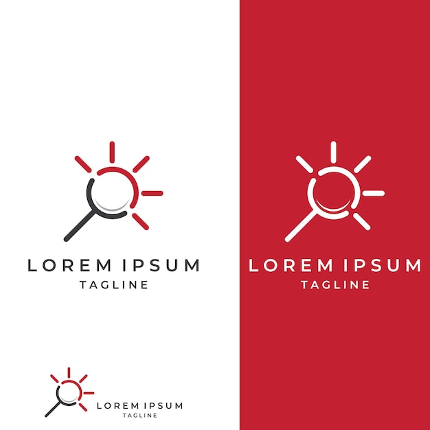 Búsqueda de logotipos o búsqueda de logotipos de descubrimiento por combinación de ubicación de la luna en el laboratorio verifique el logotipo de onda y sol con edición de ilustración simple