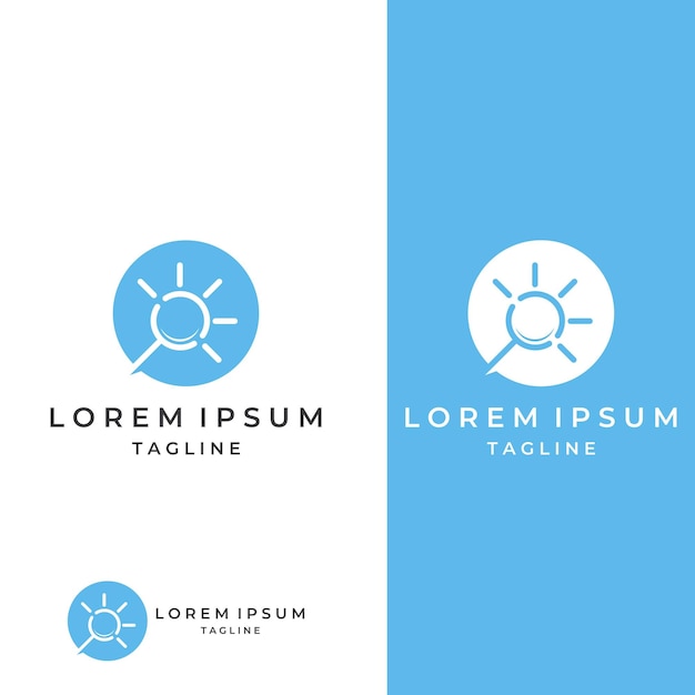 Búsqueda de logotipos o búsqueda de logotipos de descubrimiento por combinación de ubicación de la luna en el laboratorio verifique el logotipo de onda y sol con edición de ilustración simple