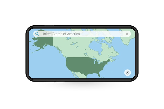 Búsqueda de mapa de EE. UU. En la aplicación de mapas para teléfonos inteligentes. Mapa de Estados Unidos en teléfono celular.
