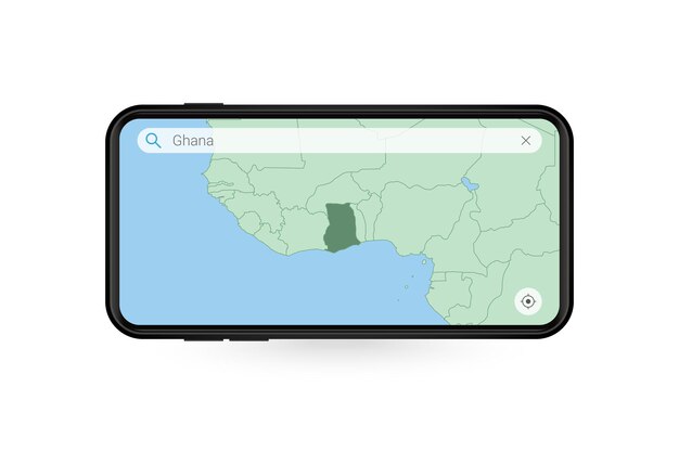 Vector búsqueda de mapa de ghana en la aplicación de mapas para teléfonos inteligentes. mapa de ghana en teléfono celular.
