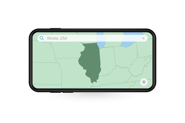 Búsqueda de mapa de Illinois en la aplicación de mapas de teléfonos inteligentes. Mapa de Illinois en Teléfono Celular.